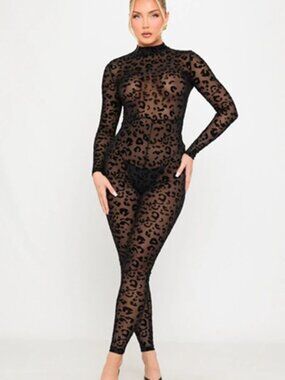 Black Velvet Burn Out Leopard Print Sheer Mesh Unitard Spandex Jumpsuit Sz 2XL
